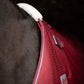 Close-up of a horse wearing a red blanket with a brand logo on a dark background