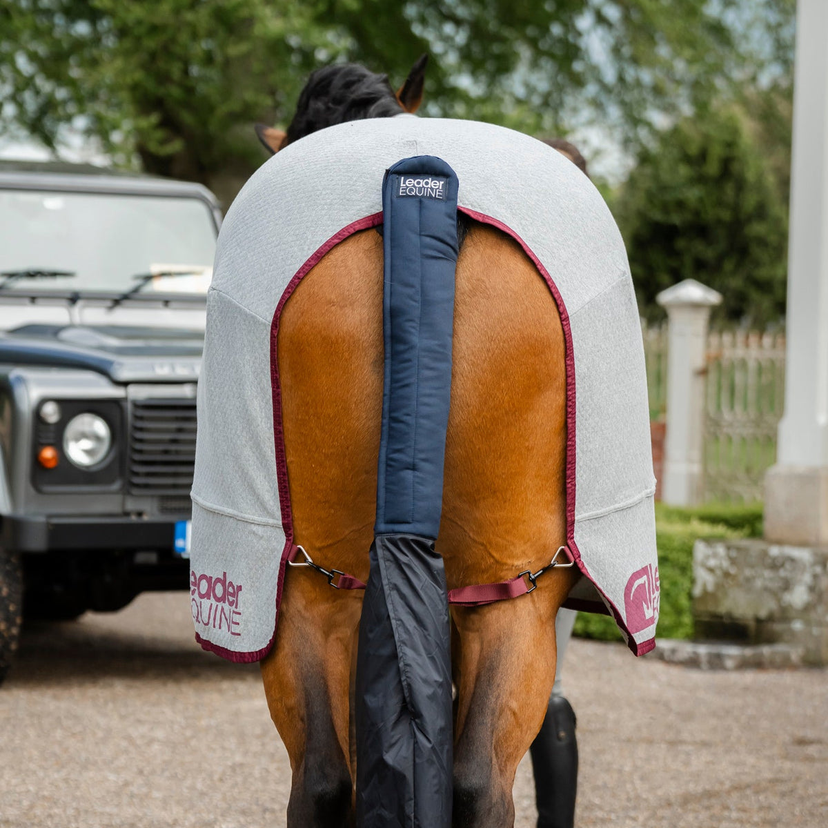 A horse shown from behind wearing a grey cooler rug and a navy tail wrap with tail bag, standing on a gravel driveway with a vehicle and trees in the background.