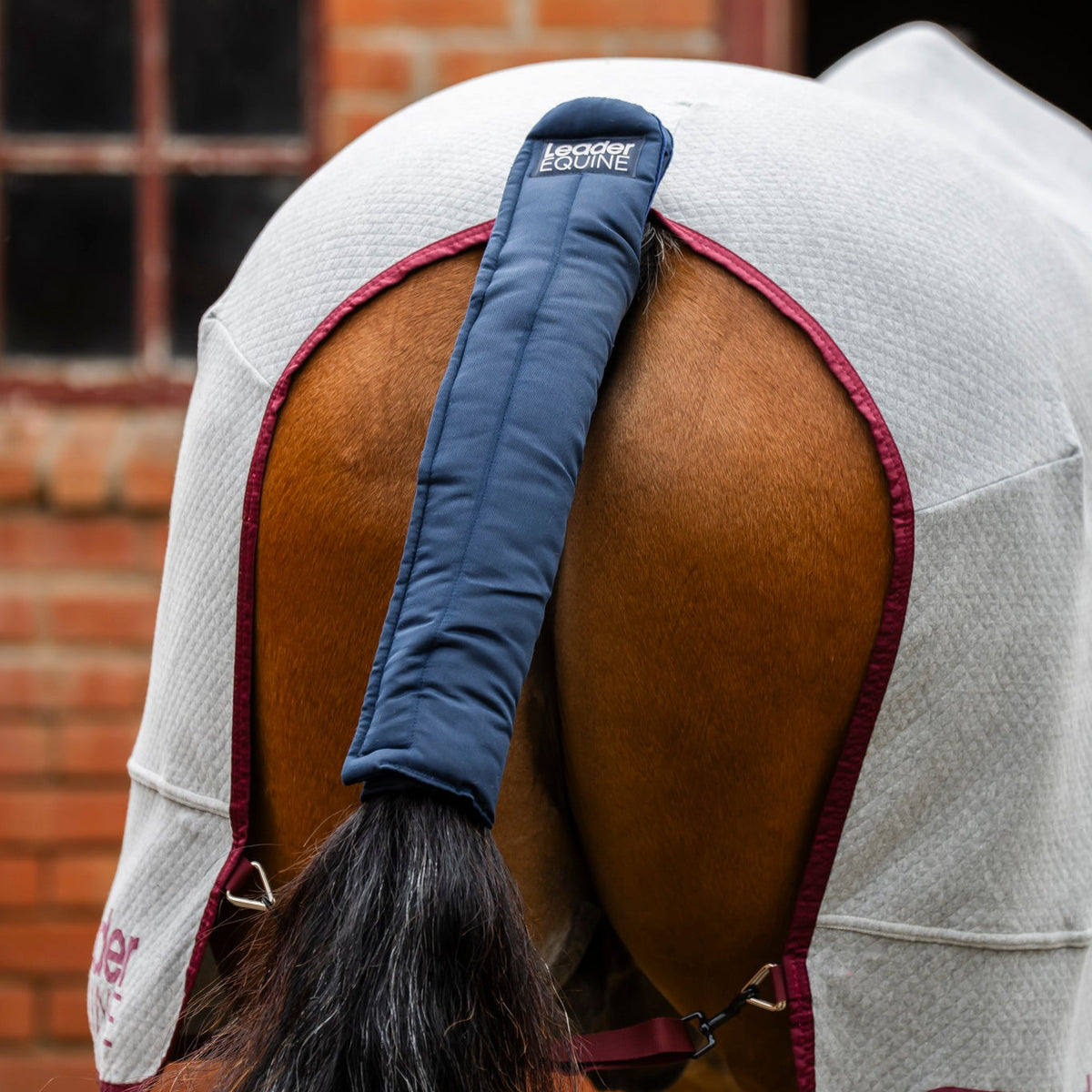 Close-up rear view of a horse wearing a grey cooler blanket with burgundy trim and a navy blue tail wrap, set against a brick stable background.