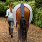 bay horse from behind wearing grey cooler rug and tail wrap on top part of tail in navy