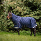 Horse wearing a blue leader equine boxter turnout rug standing in a grassy area with trees in the background