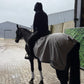 person riding a horse with a waterproof exercise sheet covering the hindquarters