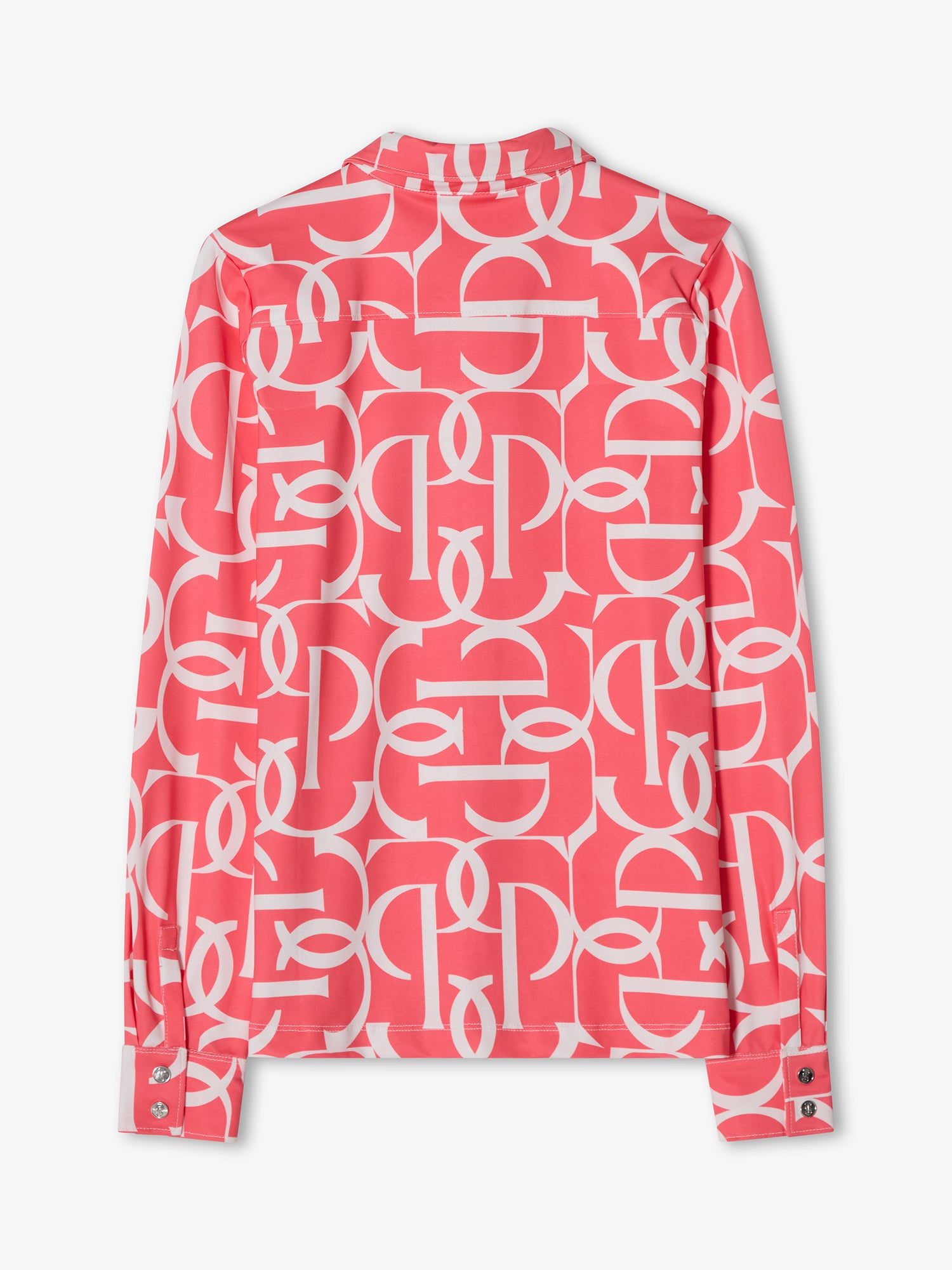 Pink long-sleeve shirt with white monogram pattern on a white background